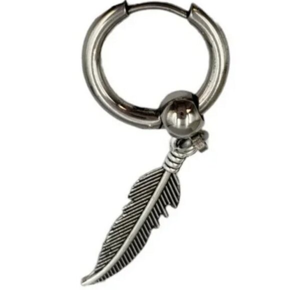 Punk Feather Stainless Steel Plated Silver Tone Drop Earring Single Punk Goth - Picture 1 of 7